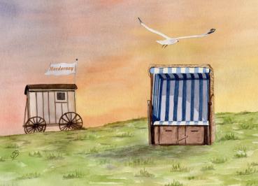 Postkarte DIN-A5 Aquarell Maritim Kunst Druck Kunstdruck Nordsee Insel Borkum Badekarren rot Strand Meer Dünen
